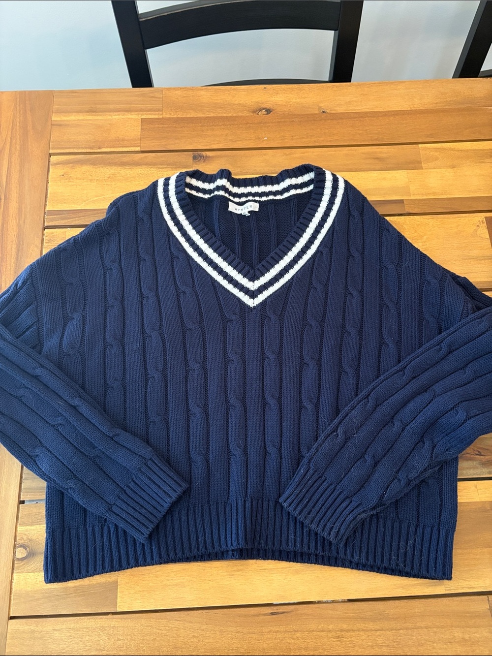 Navy Cable-Knit V-Neck Sweater with White Stripe